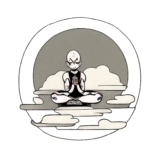 A dotwork tattoo of Aang meditating under a cloudy sky tattoo design idea