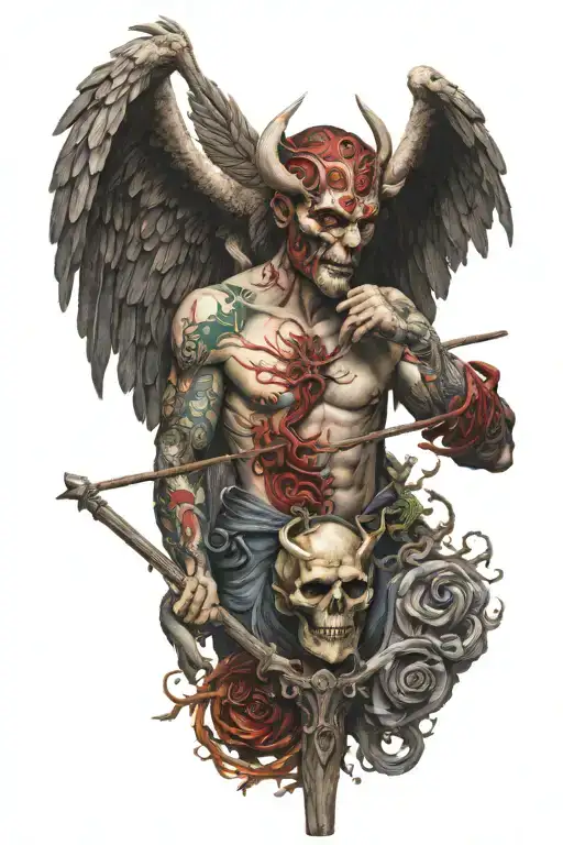 half angel half devil and right in the middle there is a crooked stick and a scale on the end of the stick tattoo design idea
