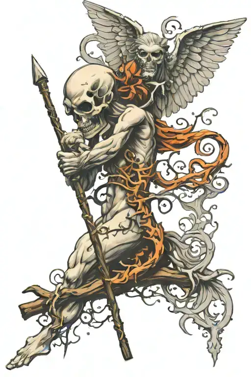 half angel half devil and there is a crooked stick separating the two in the middle and a scale on the end of the stick tattoo design idea