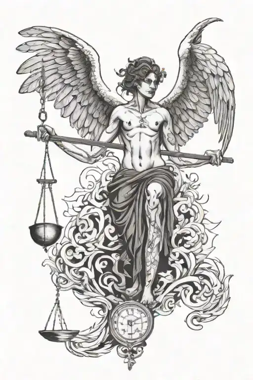 half angel half devil and right in the middle there is a crooked stick and a scale on the end of the stick tattoo design idea