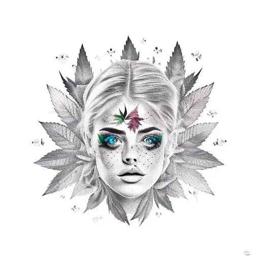 a beautiful girl's face with a weed leaf on her forehead  tattoo design idea