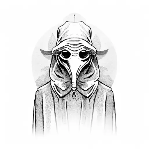 A plague doctor wearing a cloak made of pages from a book, with ink dripping from its beak tattoo design idea