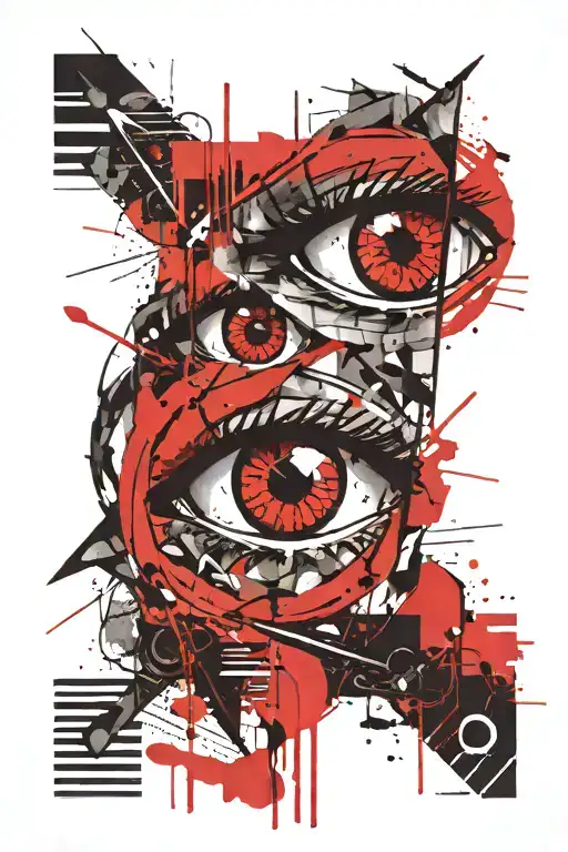 Two framed eyes on the sides, in the center, in a frame, a knight with a tie tattoo design idea