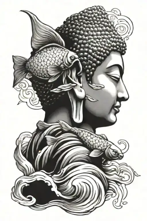 fish in water, Buddha head profile holding tattoo design idea