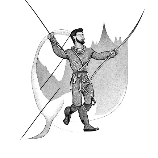 An archer as he maintains his bow towards the sky in the forest tattoo design idea