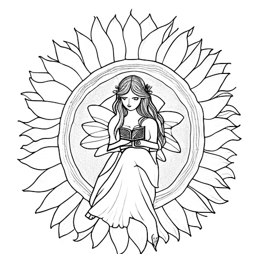 A fairy sitting on a sunflower petal, reading a tiny book with intricate details and magical elements surrounding them tattoo design idea