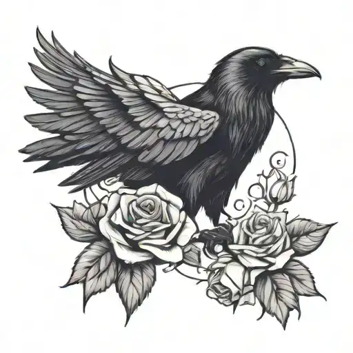 raven holding a rose tattoo design idea