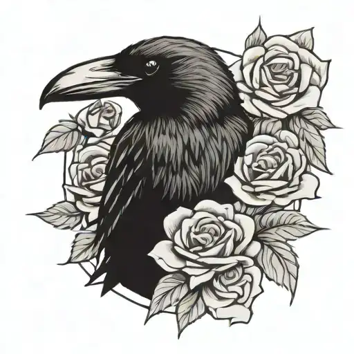 crow  holding a rose and a skull  tattoo design idea