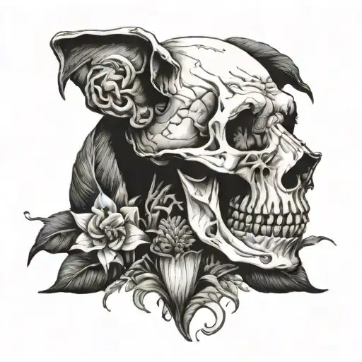 Emil Cioran portrait with flowers such as calla Lillies, chrysanthemums and lycoris radiata. Dog and human skull at tattoo design idea