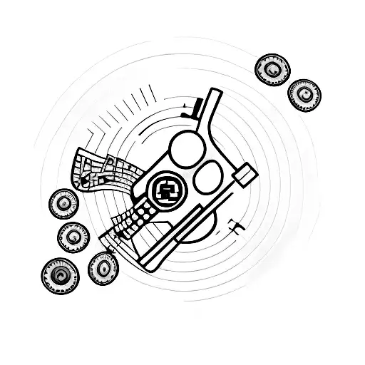 A minimalist tattoo of a guitar with video game controller buttons incorporated into the design tattoo design idea