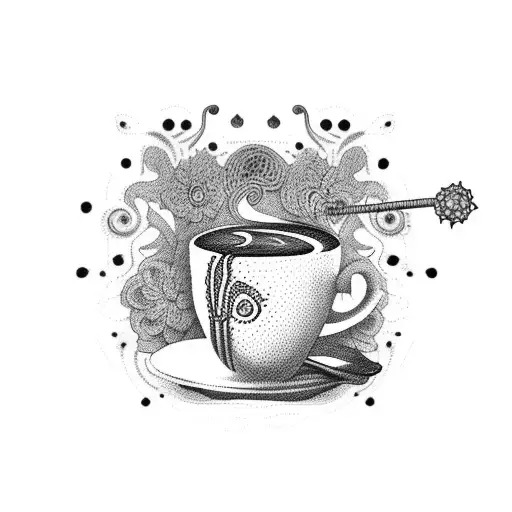 A crochet hook and needle transforming into a coffee cup tattoo design idea