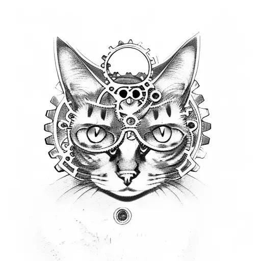 Steampunk cat with gears and cogs tattoo design idea
