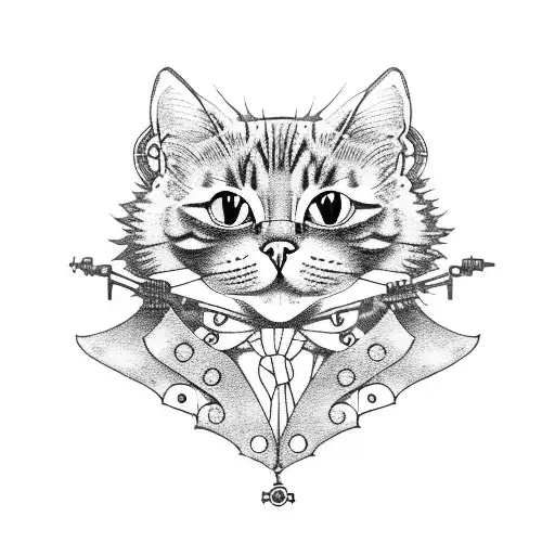 steampunk cat in a forest tattoo design idea