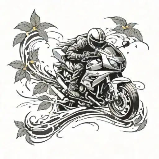 Create a tattoo design of a racing track with weed leaves scattered around and a BMW E36 coupe speeding through tattoo design idea