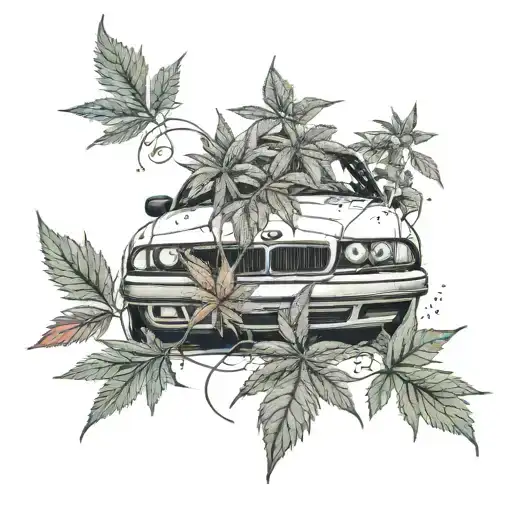 Incorporate a cannabis plant growing out of a vintage BMW E36 coupe tattoo design idea