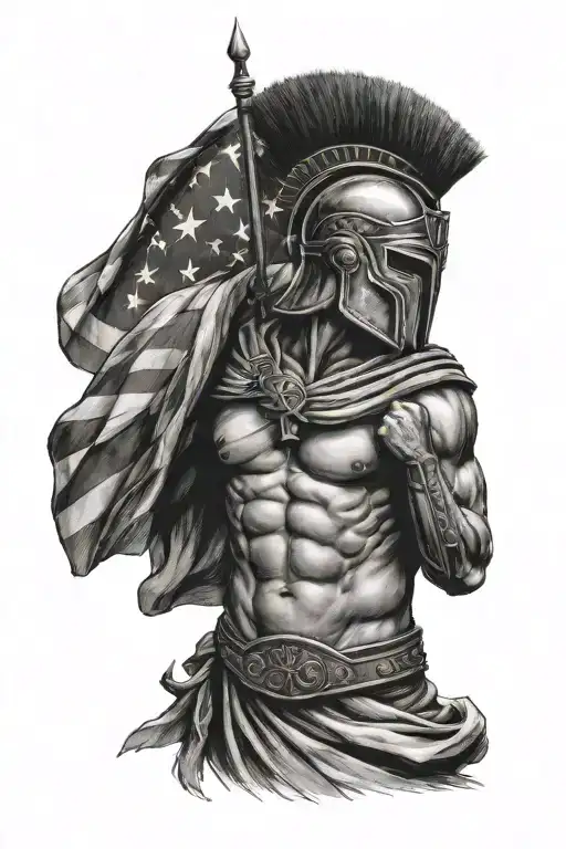 greek spartan with cross and american flag intertwined tattoo design idea