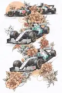 Formula 1 car and a dreamy scene of a boy surrounded by lots of cars, floral patterns, and geometric patern  tattoo design idea