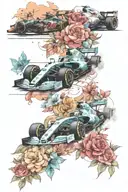Formula 1 car and a dreamy scene of a boy surrounded by lots of cars, floral patterns, and geometric patern  tattoo design idea