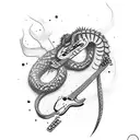 guitar with lightning design on it and rattlesnake wrapped around guitar tattoo design idea