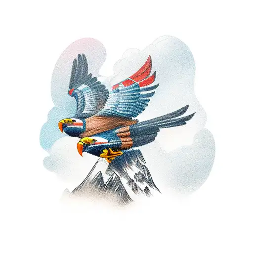 Empowered Condor (Condor head, athlete body) with riches, Condor positioned on a mountain positioned on top of a mountai tattoo design idea
