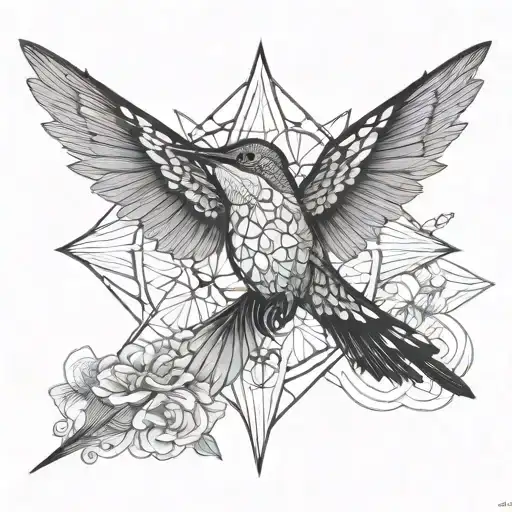 black and white mandala in the outline of a hummingbird perched tattoo design idea