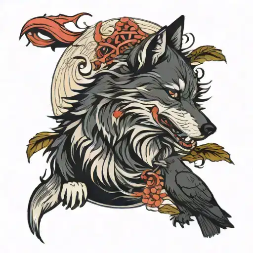 a plot with a wolf and a crow wrapped in adhesive tape on tattoo design idea
