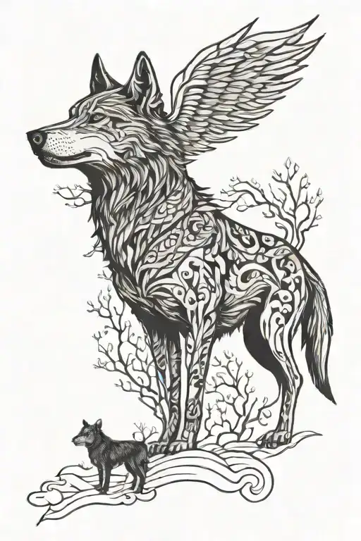 a plot with a wolf and a burnt crow tattoo design idea