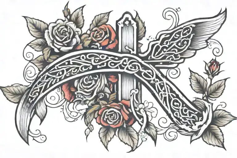 cross and fish with red rose  tattoo design idea