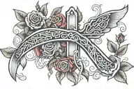 cross and fish with red rose  tattoo design idea