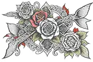 cross and fish with red rose  tattoo design idea