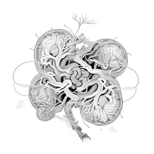 A detailed brain with intricate neural pathways intertwined with blooming flowers and dragonflies tattoo design idea