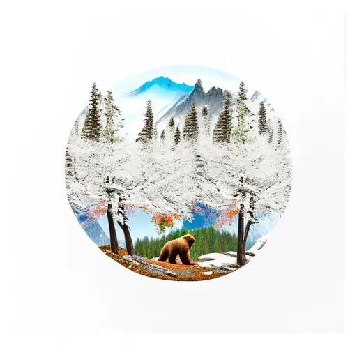 mountain scene with autumn tree with sitting brown bears tattoo design idea