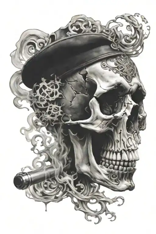 Skull blowing smoke with black piston behind skull  tattoo design idea