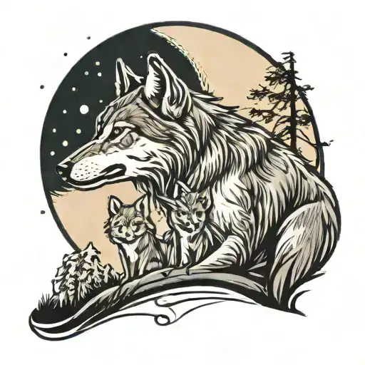 A stylized depiction of a wolf and cub standing on a hill, gazing up at a massive full moon in the night sky tattoo design idea