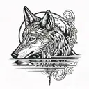 A simple outline of a wolf and cub howling at the moon, with the moon's reflection in a calm lake below tattoo design idea