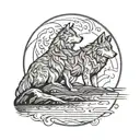 A simple outline of a wolf and cub howling at the moon, with the moon's reflection in a calm lake below tattoo design idea