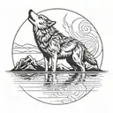 A simple outline of a wolf and cub howling at the moon, with the moon's reflection in a calm lake below tattoo design idea