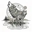 A simple outline of a wolf and cub howling at the moon, with the moon's reflection in a calm lake below tattoo design idea