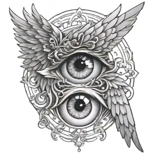 Seraphim wings merging into an eye in a black and gray color palette tattoo design idea