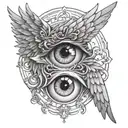 Seraphim wings merging into an eye in a black and gray color palette tattoo design idea