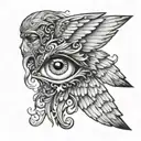 Seraphim wings merging into an eye in a black and gray color palette tattoo design idea