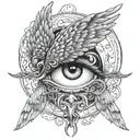 Seraphim wings merging into an eye in a black and gray color palette tattoo design idea