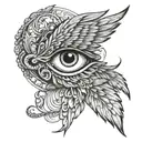 Seraphim wings merging into an eye in a black and gray color palette tattoo design idea
