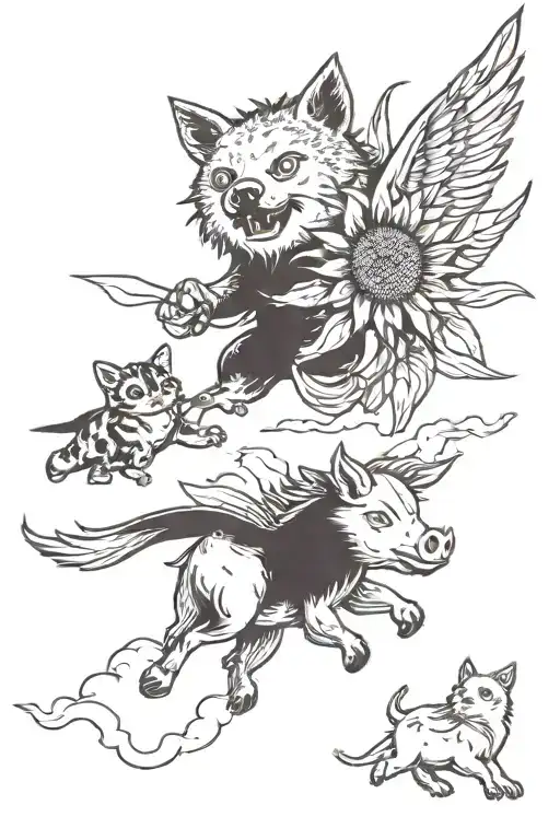 a sunflower monster chasing a flying pig that is dodging a cat flying a paper plane tattoo design idea