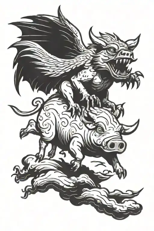 A monster is chasing a flying pig. tattoo design idea