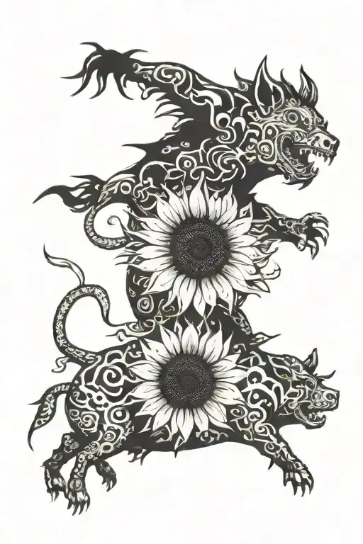 A sunflower monster is chasing a flying pig. tattoo design idea