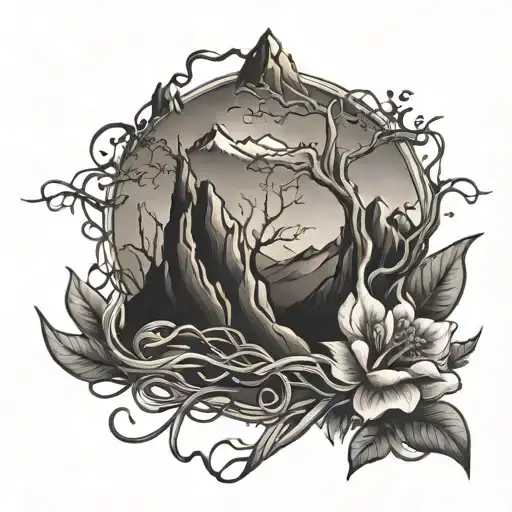 A tattoo representing the strength and beauty of love, with intertwined vines and mountains symbolizing the enduring nature of love and the bond of family tattoo design idea