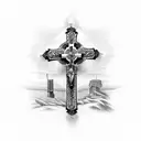 cross and rosary and bible  tattoo design idea