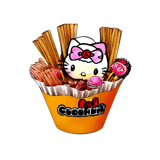 hello kitty eating french fries tattoo design idea