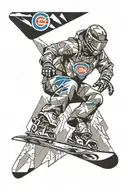 A snowboarder catching air on a mountain peak with a Chicago Cubs logo integrated into the design tattoo design idea